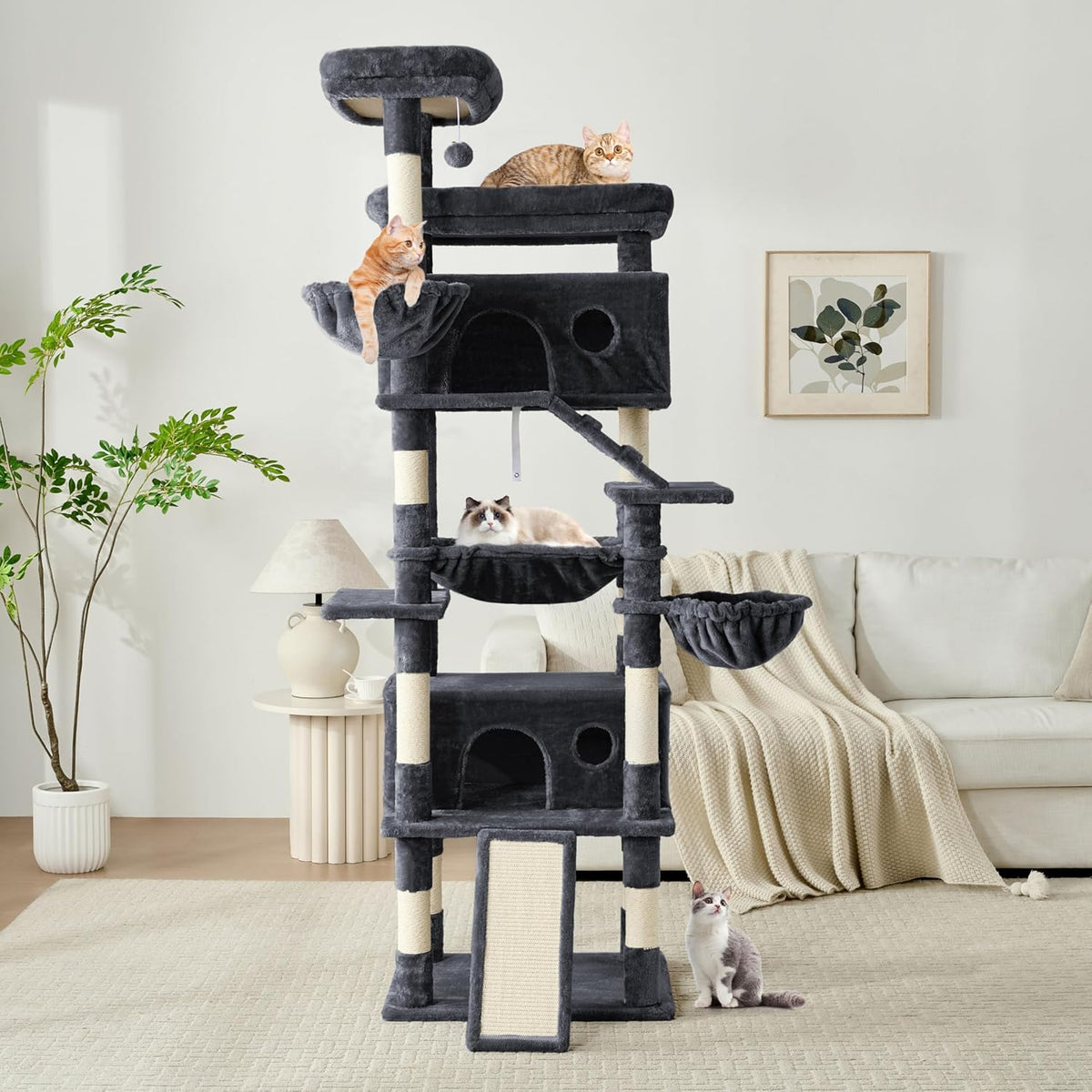 Cat Tree, 80-Inch Large Cat Tower with 9 Scratching Posts, 2 Perches, 2 Caves, 2 Basket, 2 Stairs