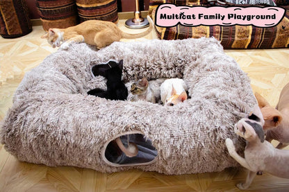 XxingSheep 4 Cave Shuttled XL Cat Tunnel Bed for Indoor Cats Peekaboo Toy Donut with Warm Mat