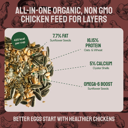 PTCOM Hatortempt 5lb Organic Chicken Feed for Laying Hens - 3 Grain Essential Blend - 5% Calcium