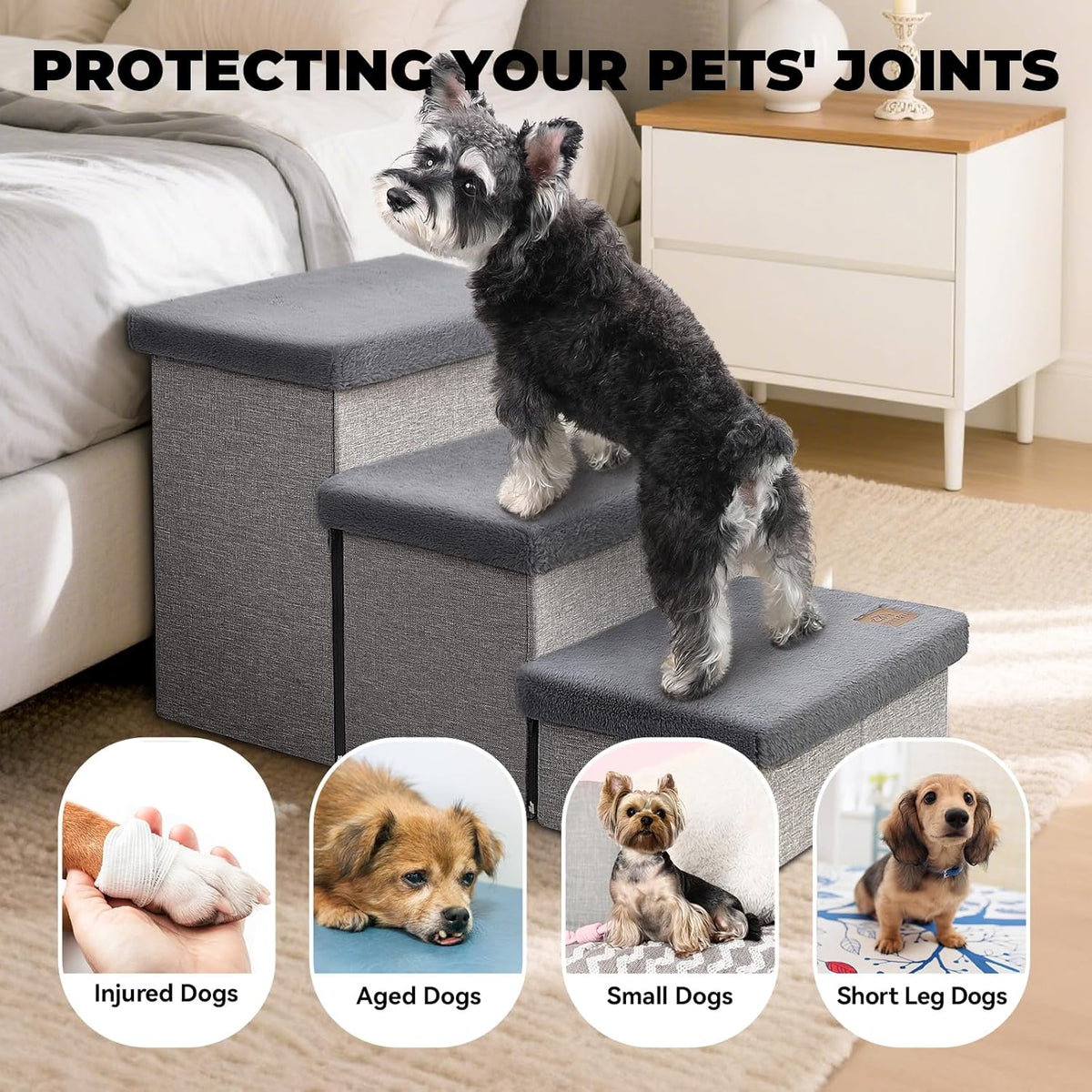 Dog Stairs with Furry Lids 18" H, 3-Step Wider Dog Steps with Storage for Small/Medium/Large Old