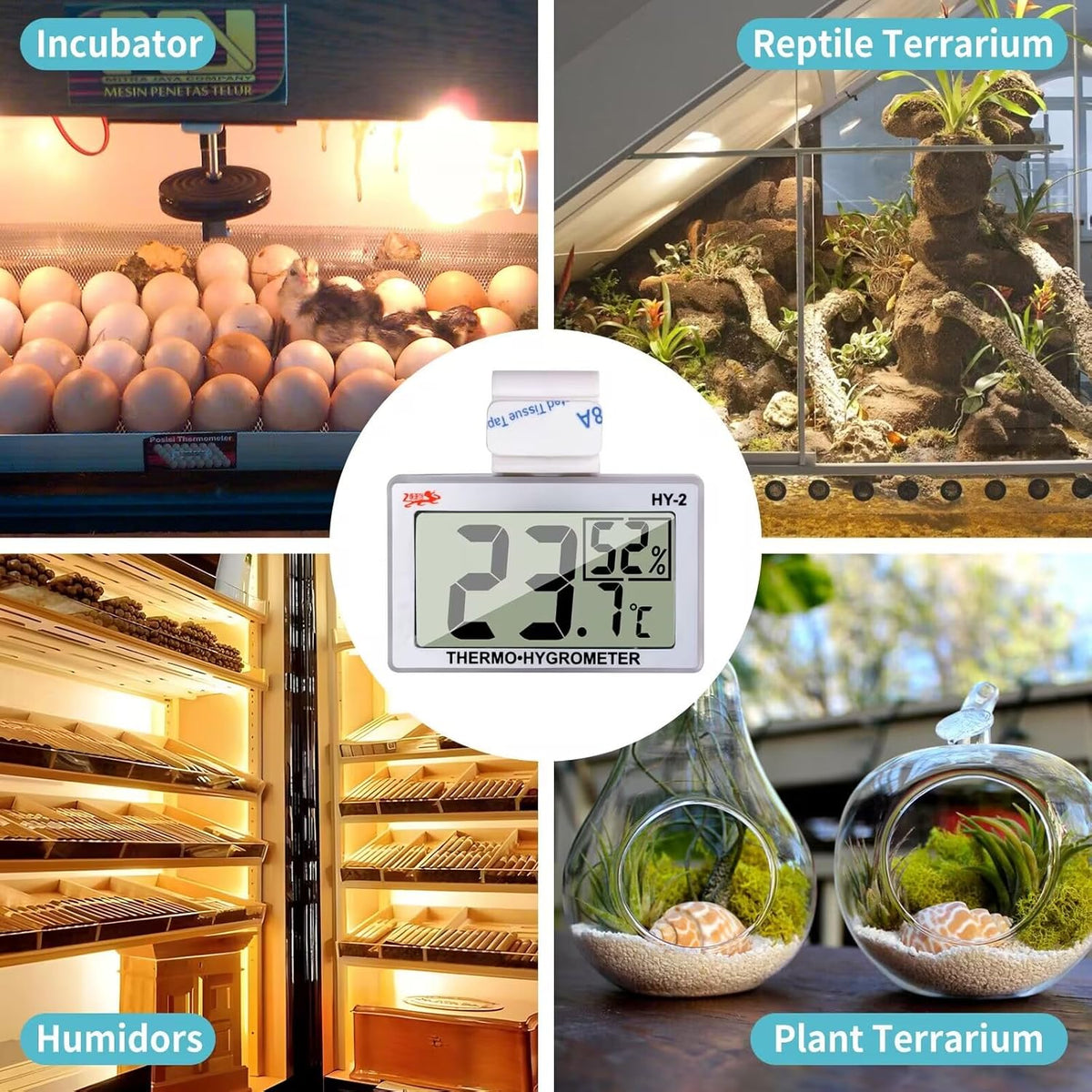 Digital Reptile Thermometer Hygrometer with Hook & Adhesive, LCD Display Temperature Humidity Gauge