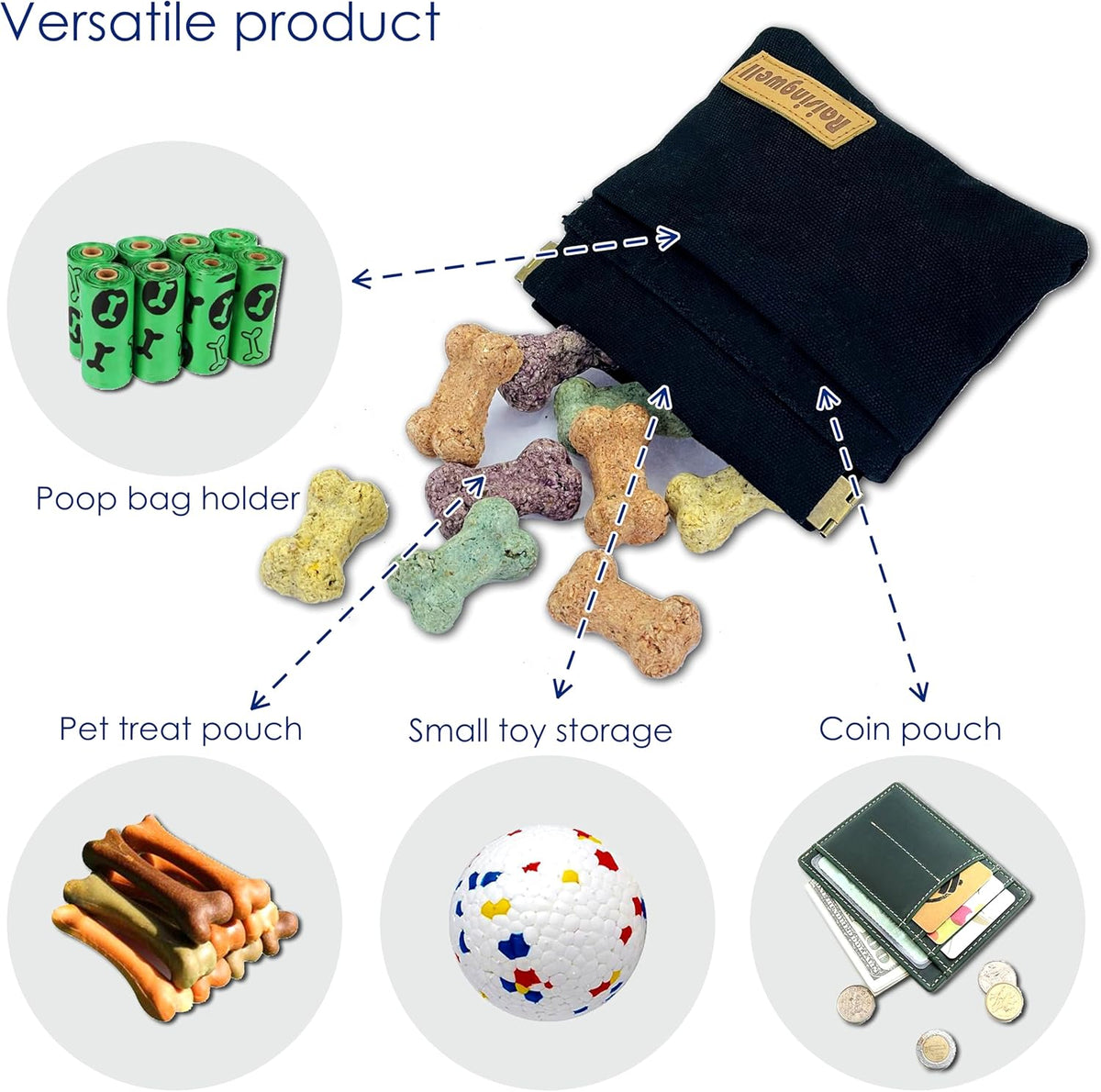 Dog Treat Pouch, Black Pocket Sized Pet Training Pouch, Cotton Fabric, Hand Free Dog Walking Bag