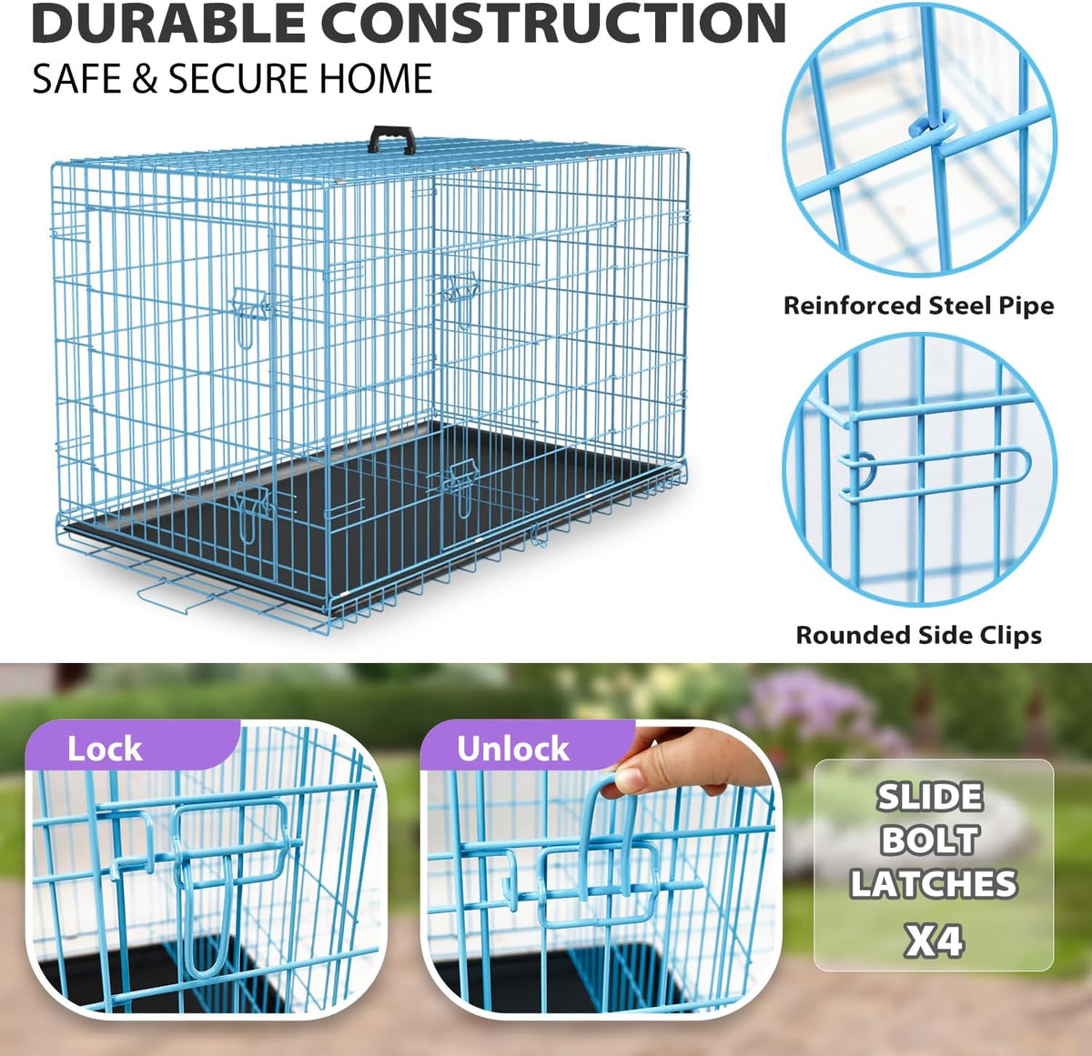 BestPet | Dog Crate | 30" | Blue | Foldable Metal Kennel with Double Doors, Secure Slide-Bolt
