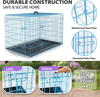 BestPet | Dog Crate | 30" | Blue | Foldable Metal Kennel with Double Doors, Secure Slide-Bolt