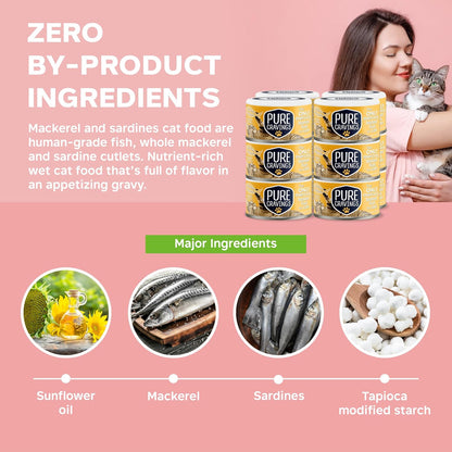 Wet Cat Food Canned Mackerel and Sardine Cutlets in Gravy, Every Catch is Mercury Tested, Moist Can