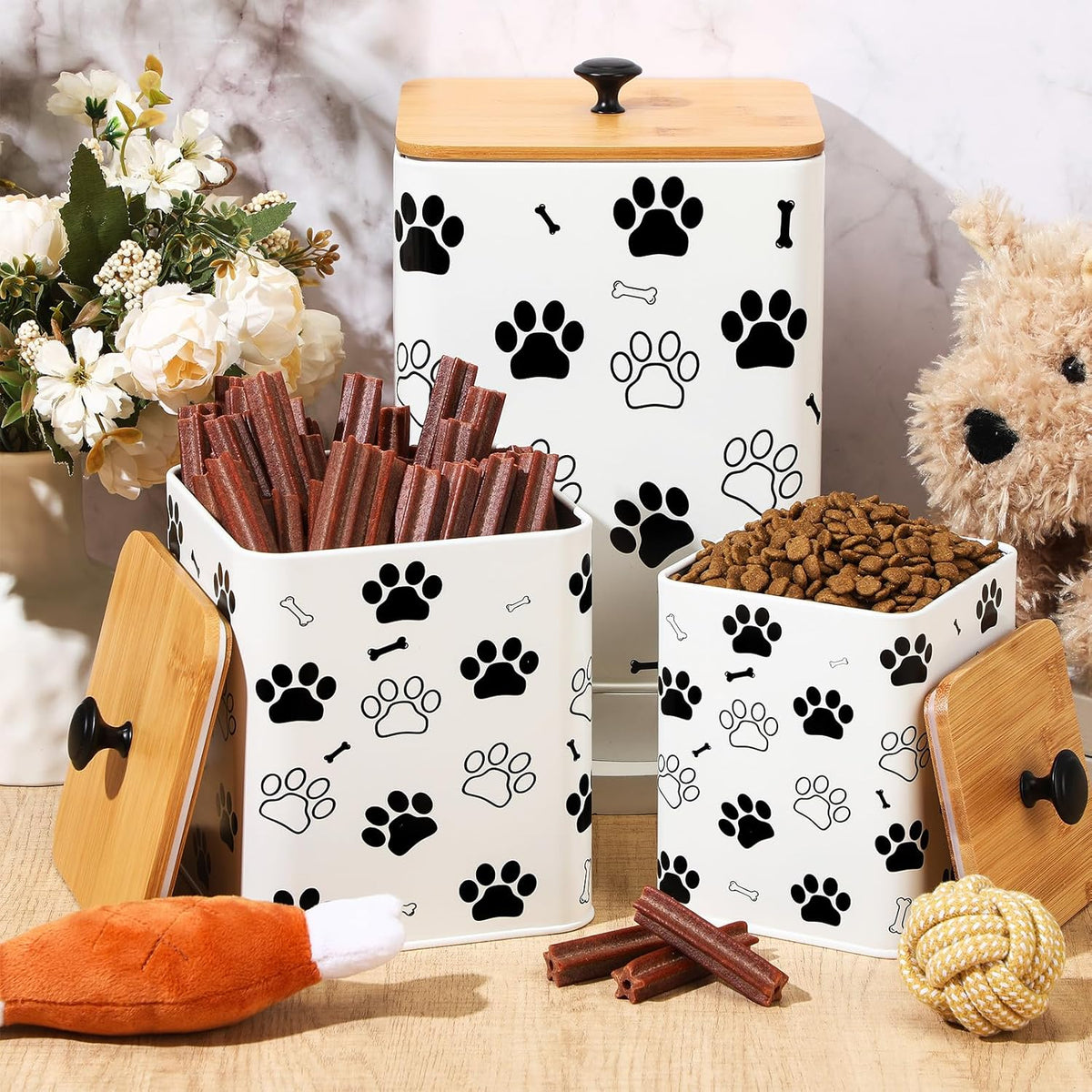 3 Pack Airtight Dog Food Containers with Bamboo Lids, Metal Dog Treat Jars Canisters for Kibble