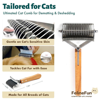 FelineFun Cat Brush for Dematting & Deshedding, 2 in 1 Undercoat Rake, Efficiently Remove Loose