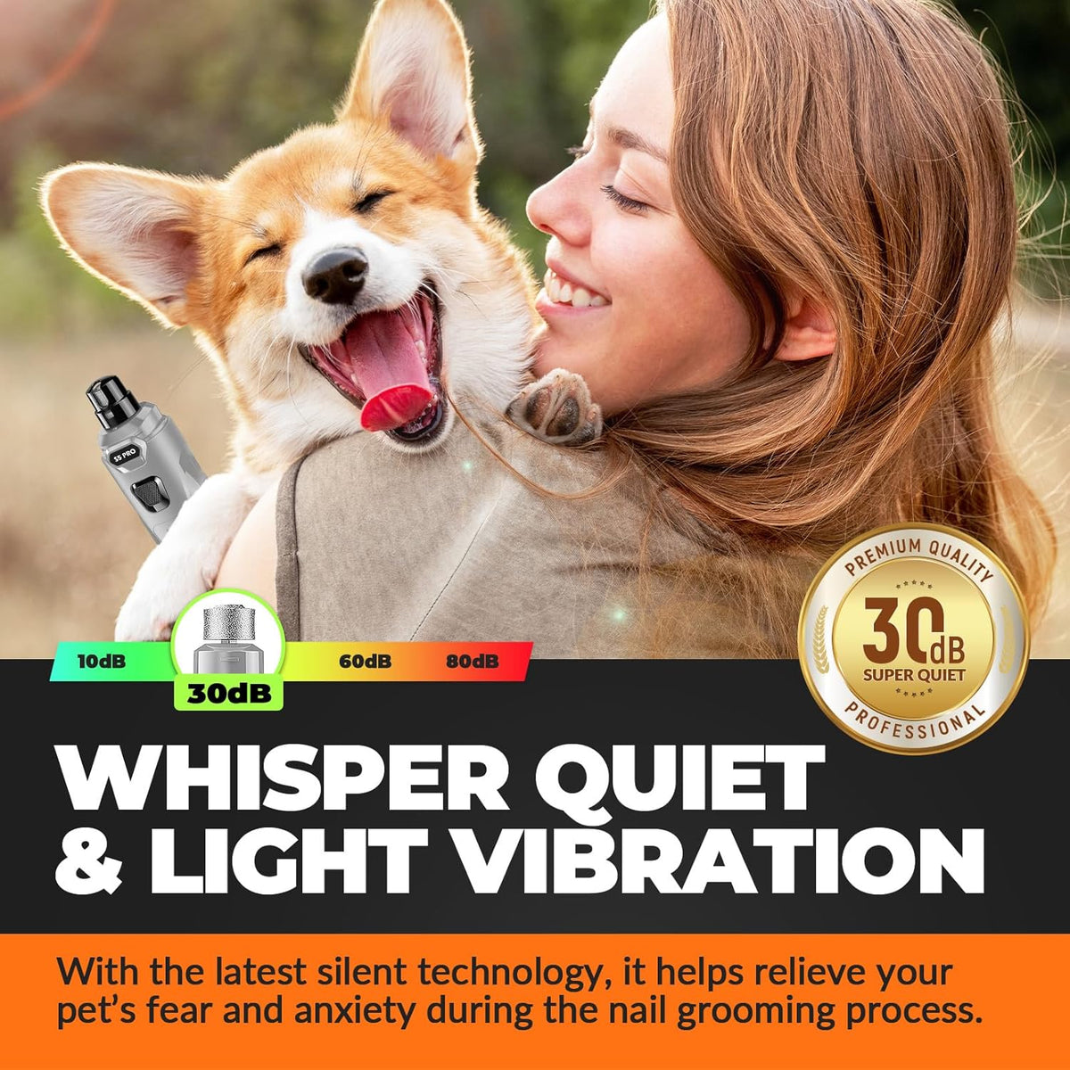 Dog Nail Grinder with 2 LED Lights Powerful 2 Speeds Super Quiet Dog Nail Trimmers with 3 Grinding