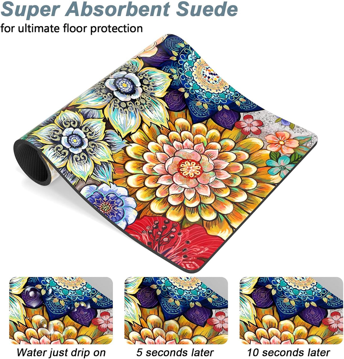 Rnivvi Dog Food Mat, 16" x 24" Flower Absorbent Dog Cat Bowl Mat for Food and Water, Cute Anti-Slip