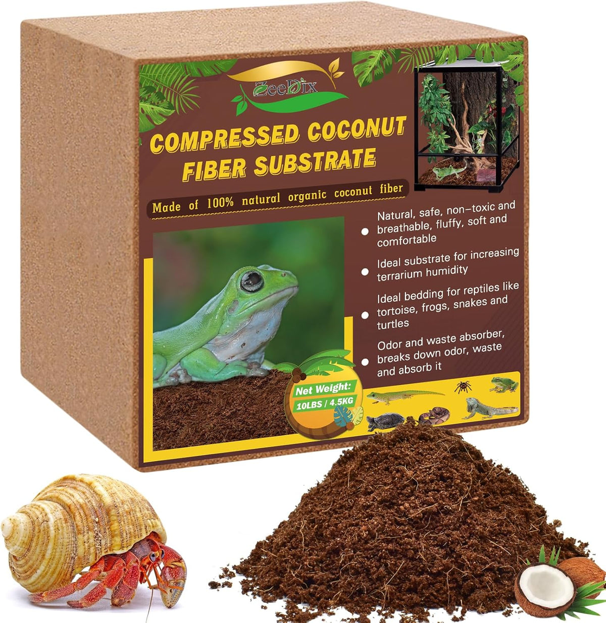 ZeeDix 10LB Compressed Coconut Fiber Substrate, 100% Organic Coco Coir Fiber Brick Husk Substrate