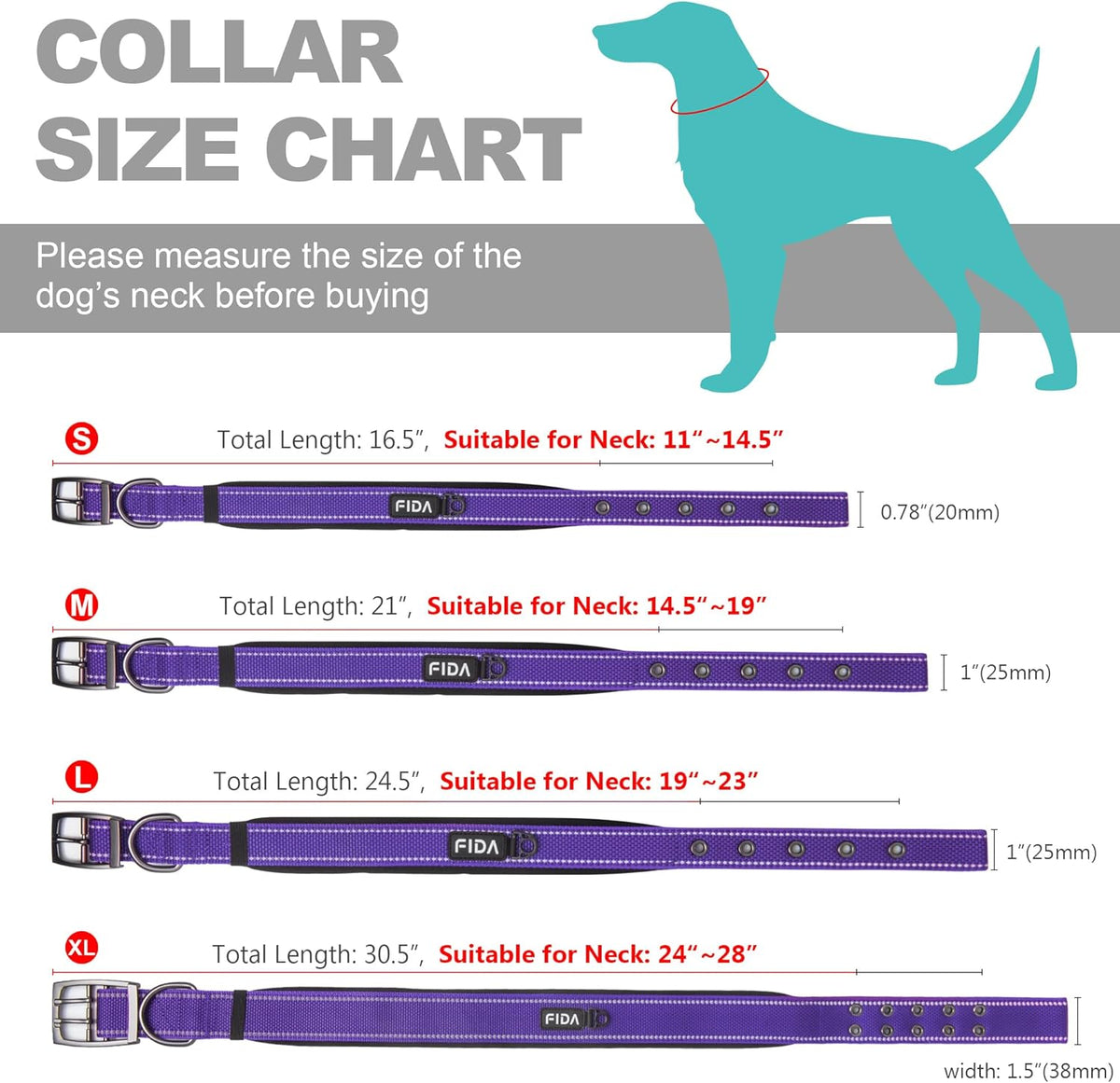 Fida Heavy Duty Dog Collar, Ultra Comfortable Soft Neoprene Padded, Adjustable Reflective Nylon Pet