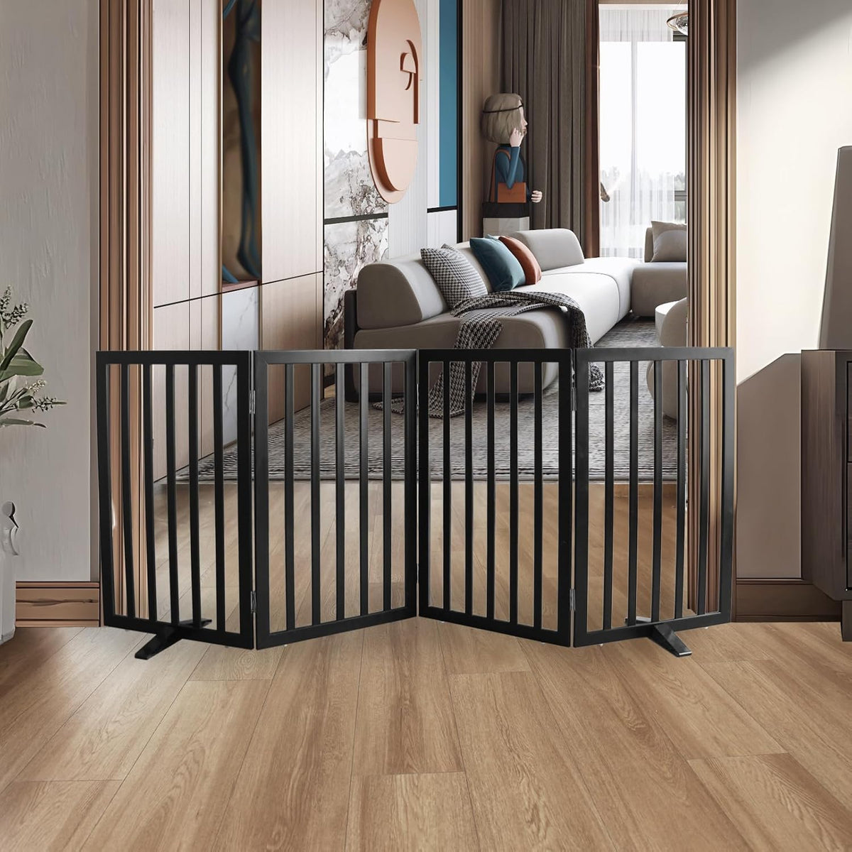 ZJSF Freestanding Indoor Dog Gate for House Foldable Wood Puppy Gate for Doorways Pet Gate for