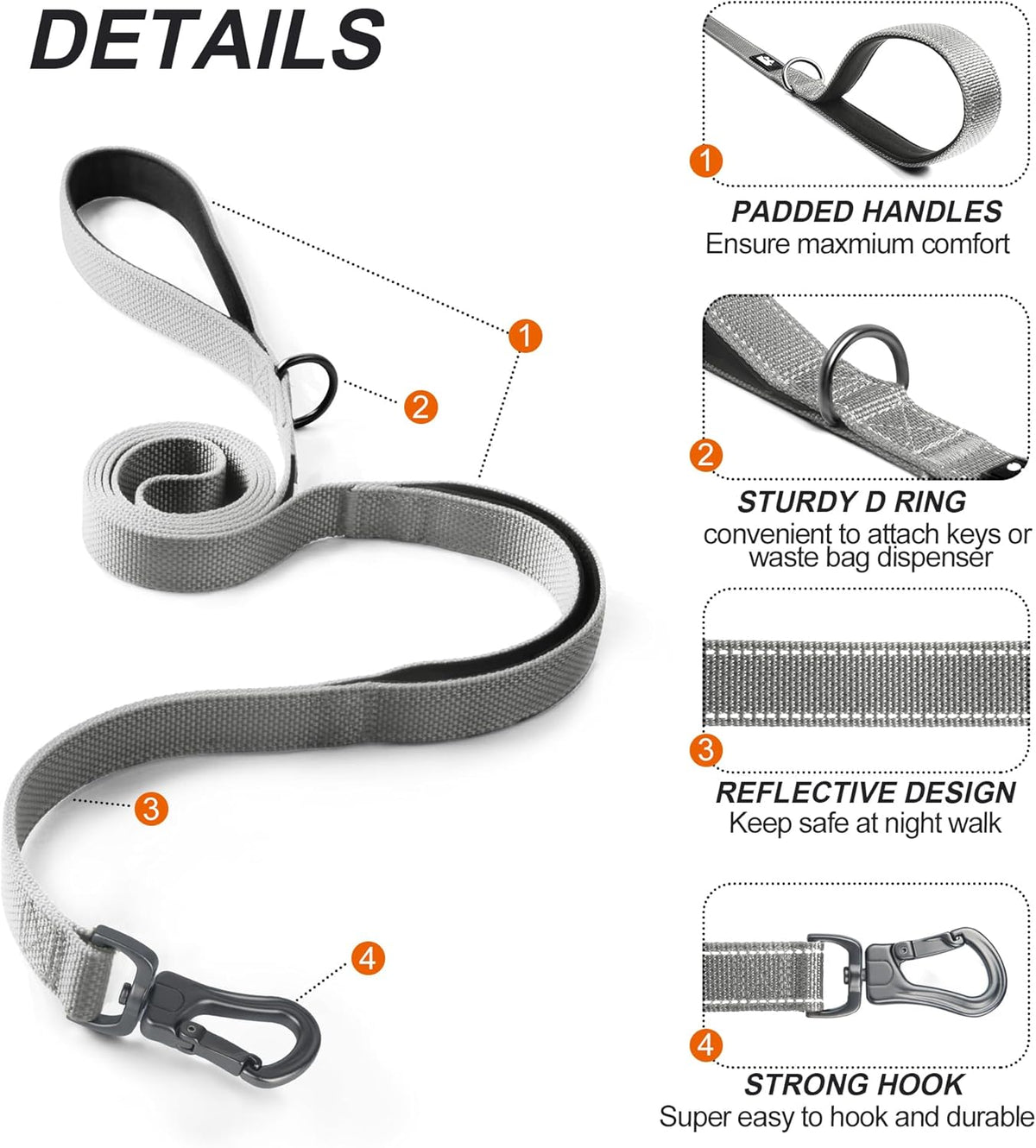 TwoEar 4FT 1IN Strong Gray Dog Leash with 2 Padded Handles, Traffic Handle Extra Control