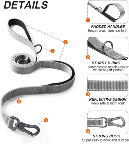 TwoEar 4FT 1IN Strong Gray Dog Leash with 2 Padded Handles, Traffic Handle Extra Control