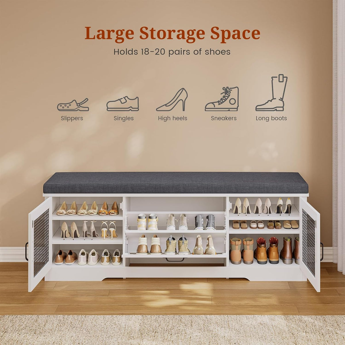 Farmhouse Storage Bench with Flip Drawers & Padded Seat Cushion, Half Hidden Shoe Rack Organizer