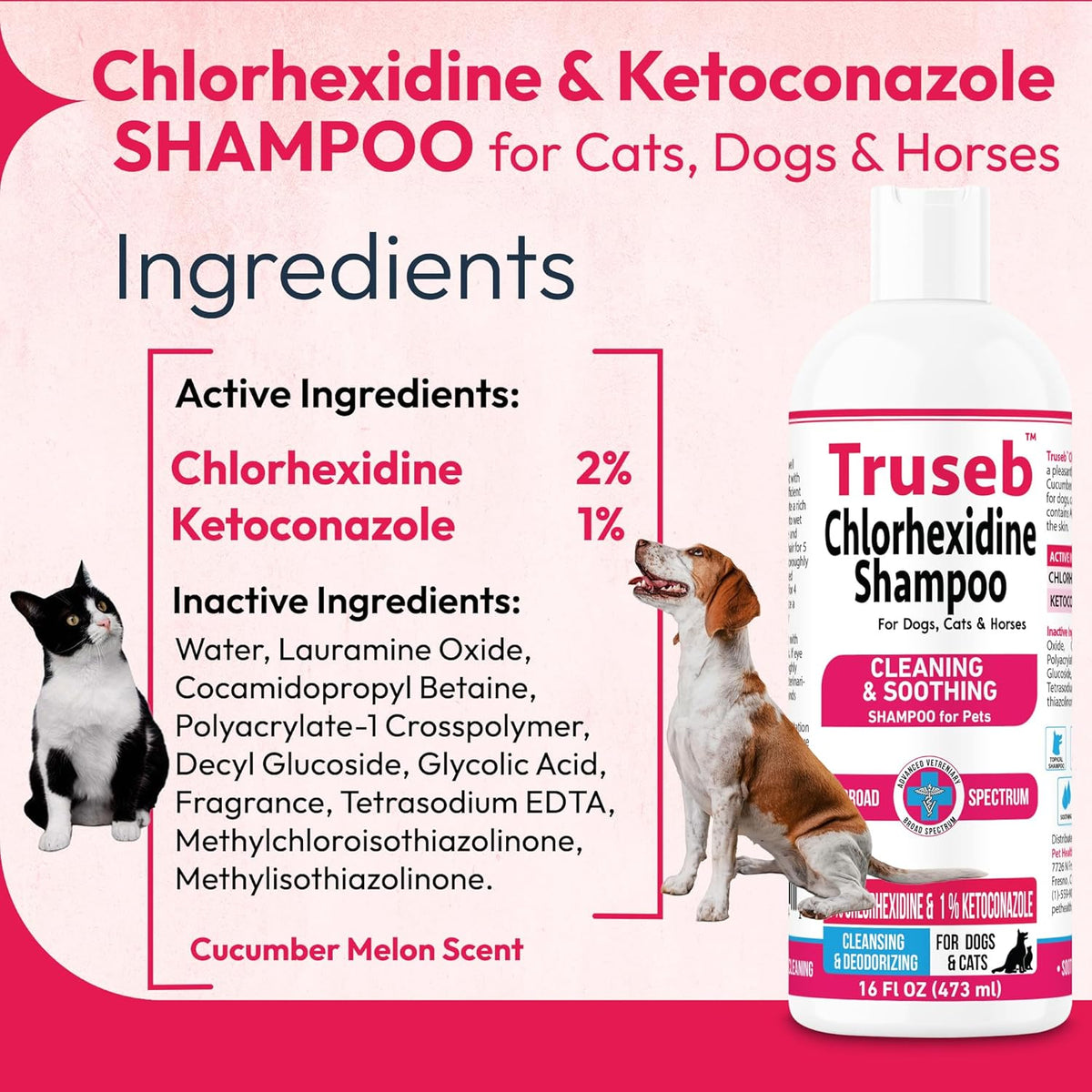 Truseb Topical Ketoconazole and Chlorhexidine Shampoo for Dogs, Cats, and Horses with Aloe - 16 oz