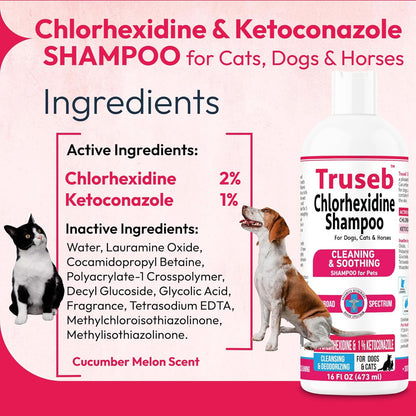 Truseb Topical Ketoconazole and Chlorhexidine Shampoo for Dogs, Cats, and Horses with Aloe - 16 oz