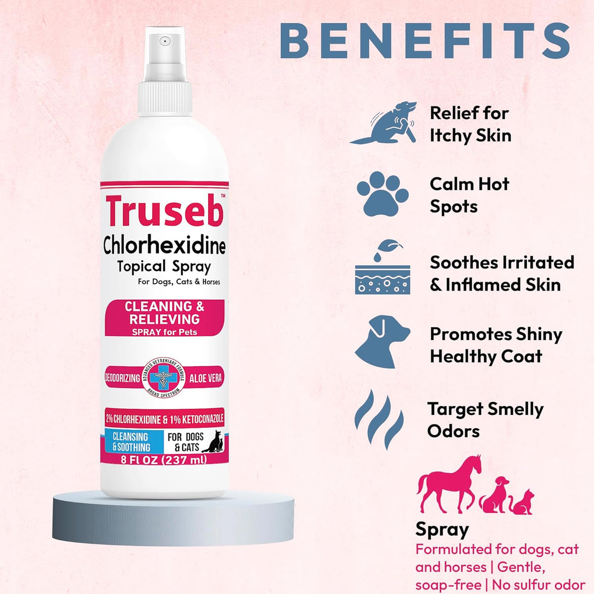 Truseb Topical Ketoconazole and Chlorhexidine Spray for Dogs, Cats, and Horses with Essential Fatty