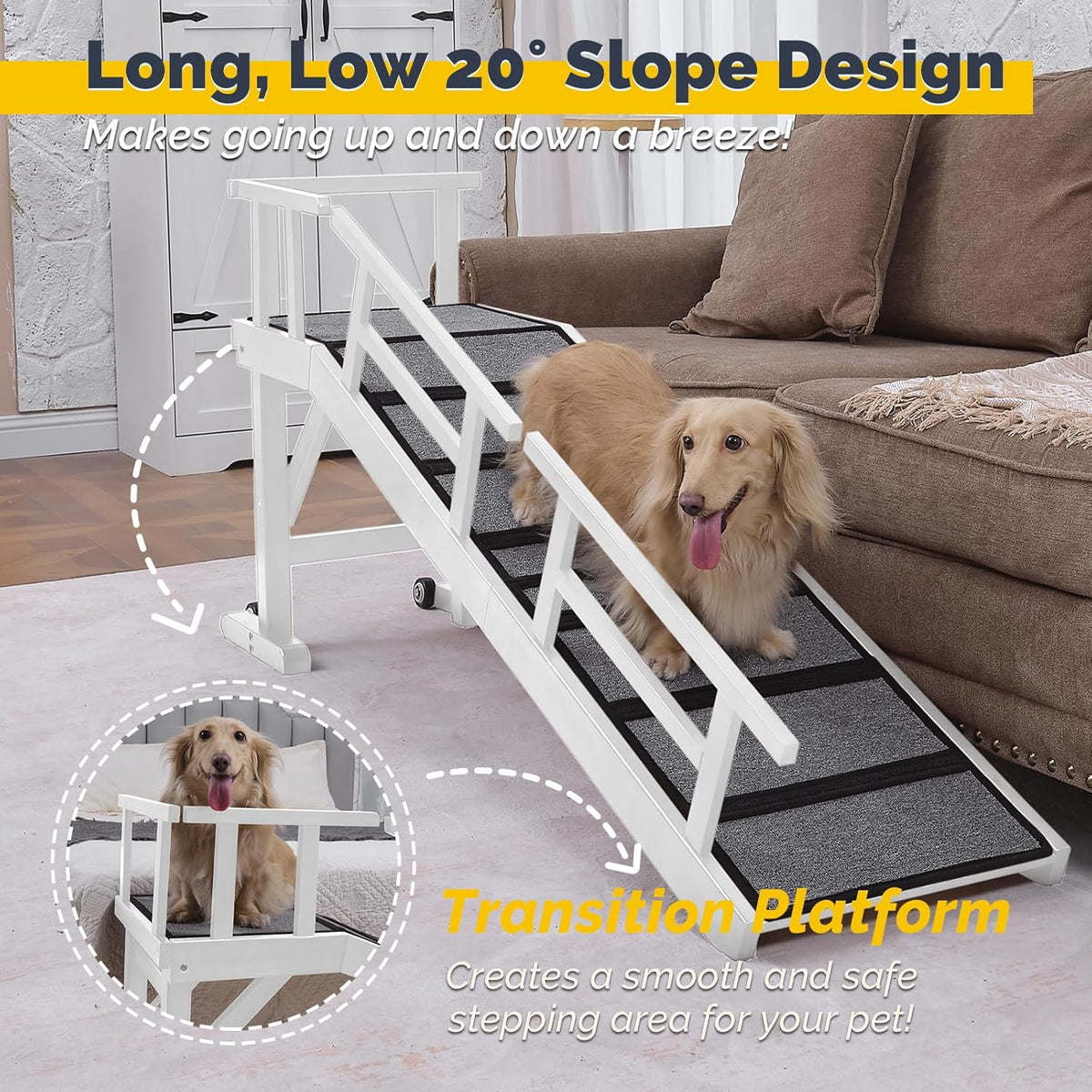 Dog Ramp for Bed or Couch, Wooden Pet Ramp with 20° Gentle Slope, Removable Side Rails, Non-Slip