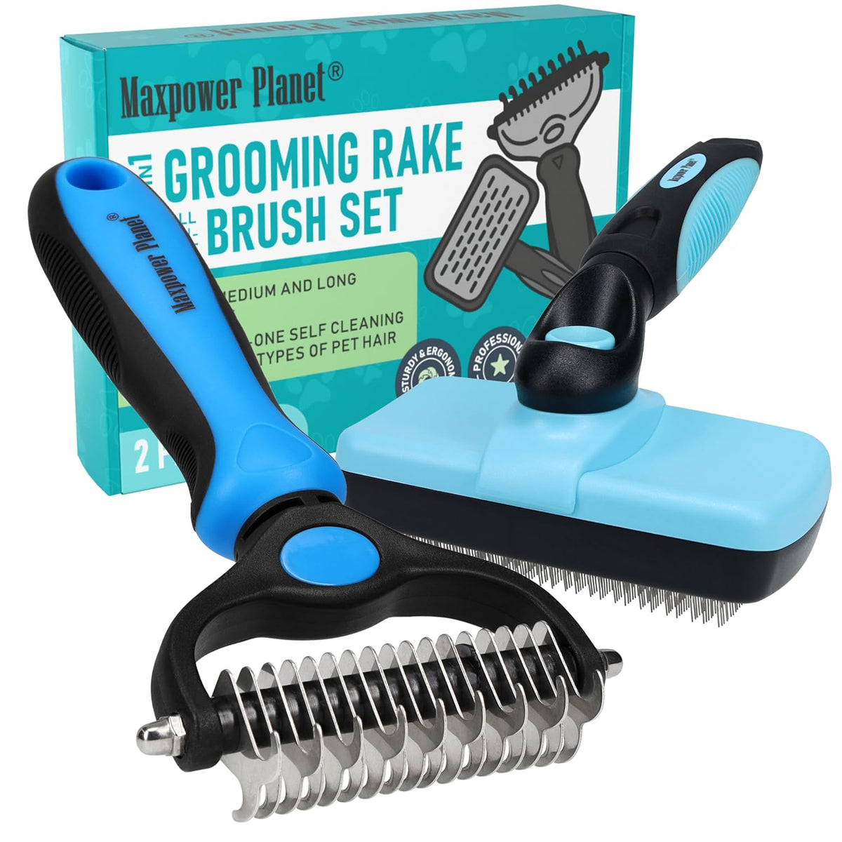 Maxpower Planet Dog Rake and Dog Hair Brush - Gently Removes Loose Undercoat, Mats and Tangled