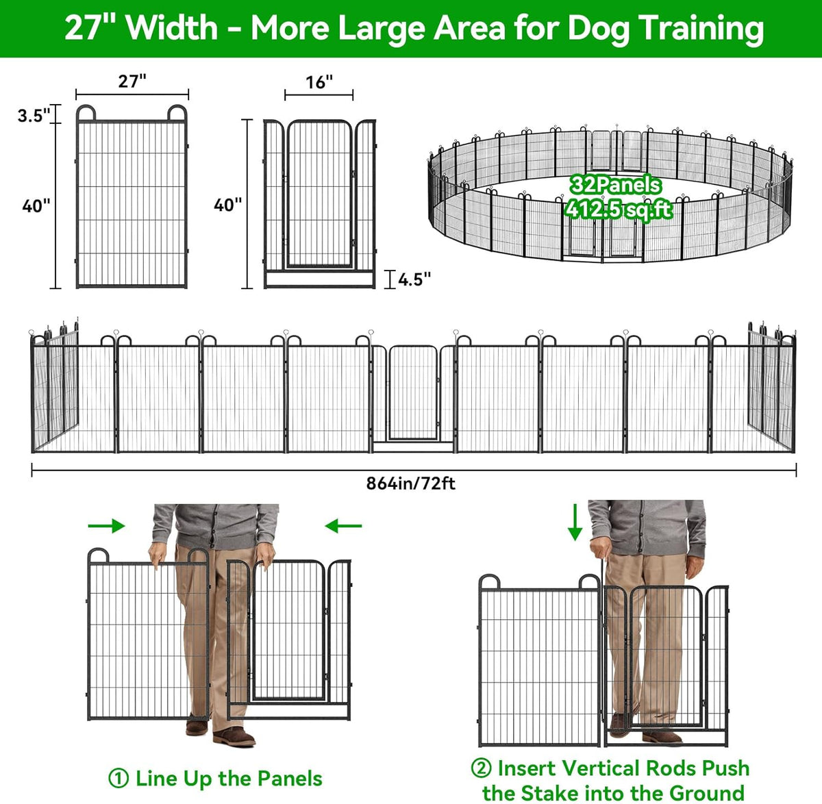 Dog Playpen Outdoor 32 Panels Heavy Duty Dog Fence 40" Height Anti-Rust with Doors Portable for RV