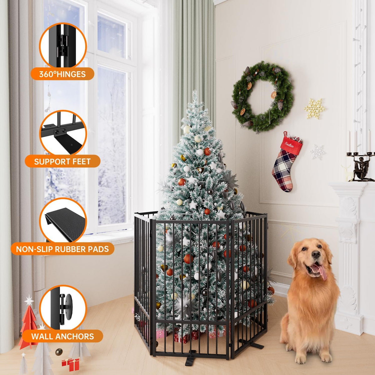 Full Metal Freestanding Dog Gate with Door, 36''Height Foldable Pet Dog Fence for Indoor & Outdoor