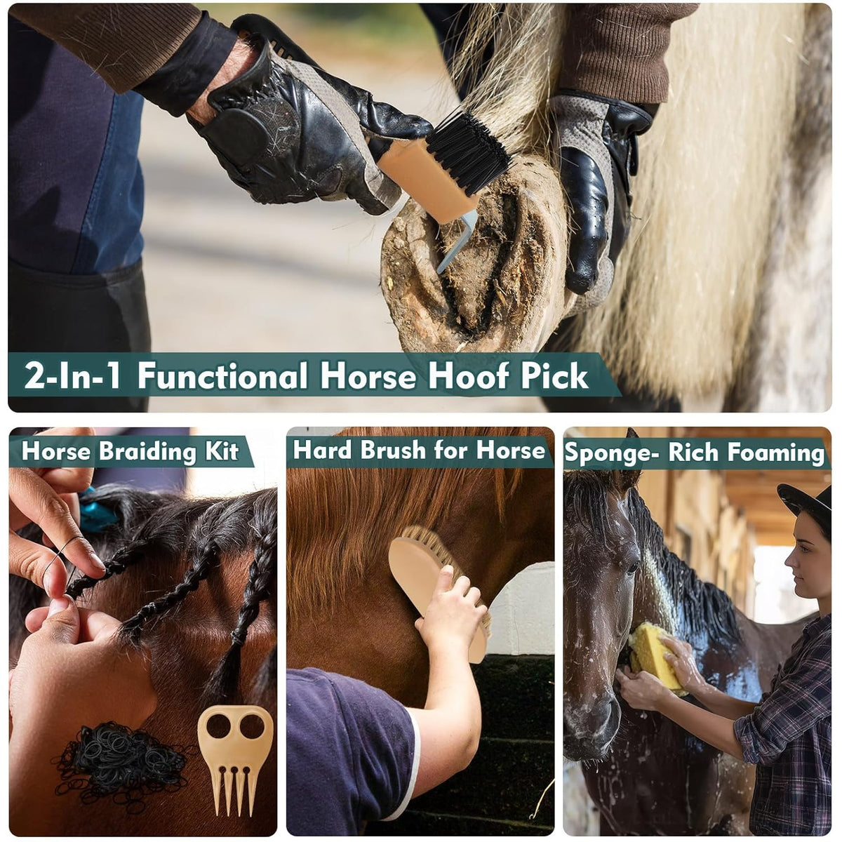 Horse Grooming Kit for Bathing, 13Pcs Horse-Brush Set with Mesh Bag, Shower Brushes, Braiding and