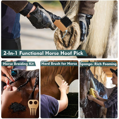 Horse Grooming Kit for Bathing, 13Pcs Horse-Brush Set with Mesh Bag, Shower Brushes, Braiding and