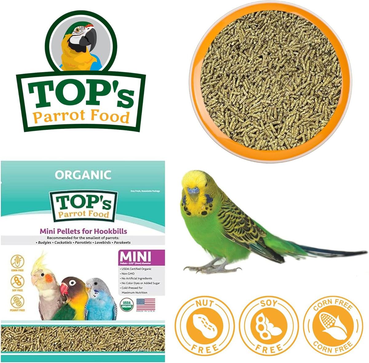 TOP's Parrot Food Mini Pellets Bird Food for Budgies, Cockatiels, Parrotlets, Lovebirds, Parakeets