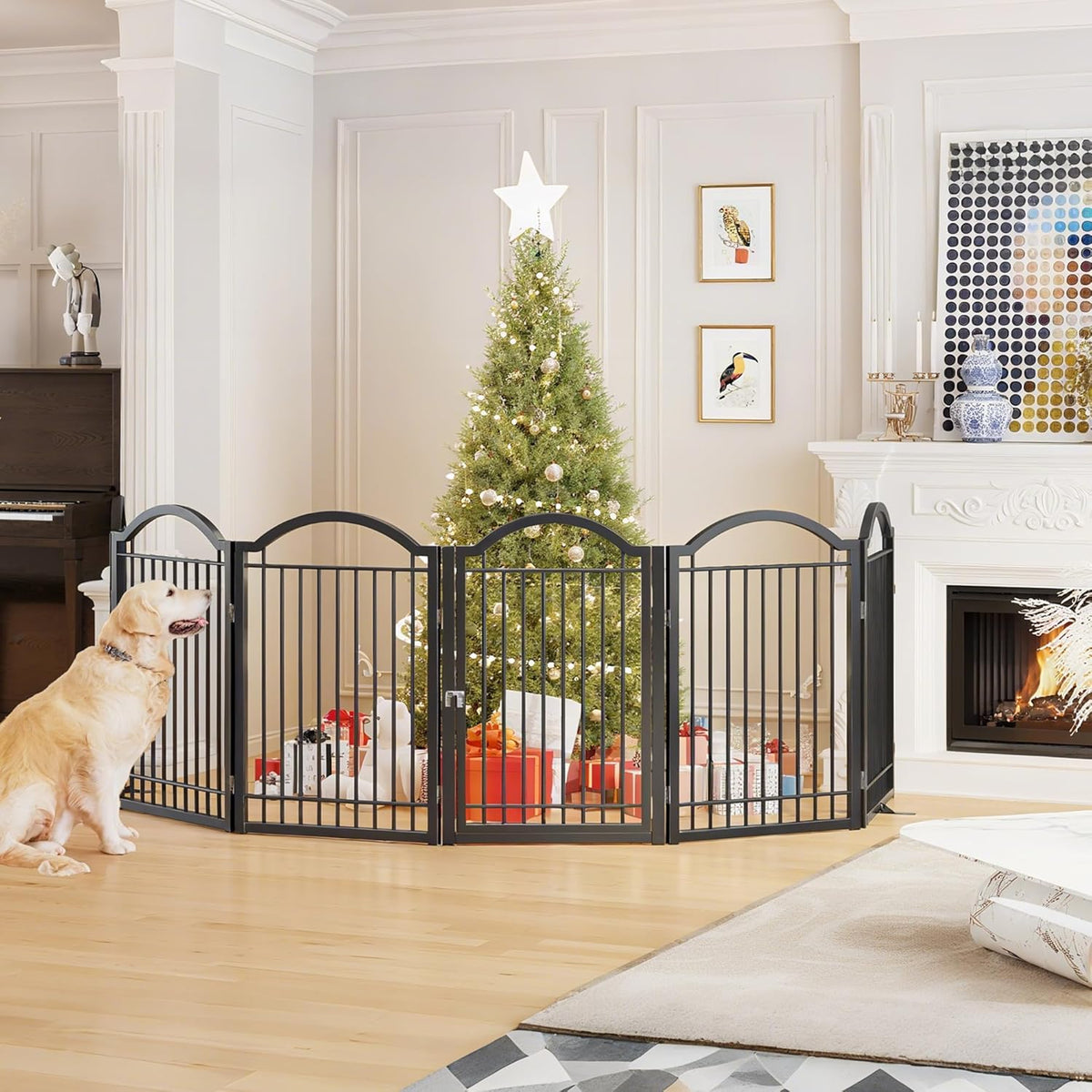 BHG Metal No-Assembly Freestanding Dog Gate with Door Walk Through, Extra Wide 144", Extra Tall 32"