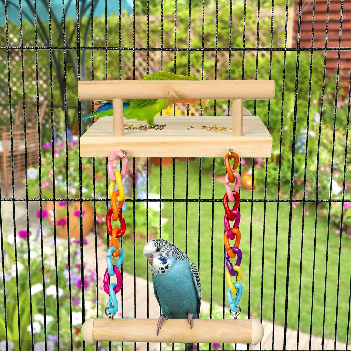 Bird Perches Cage Toys Parrot Wooden Platform Play Gyms Exercise Stands with Acrylic Wood Swing