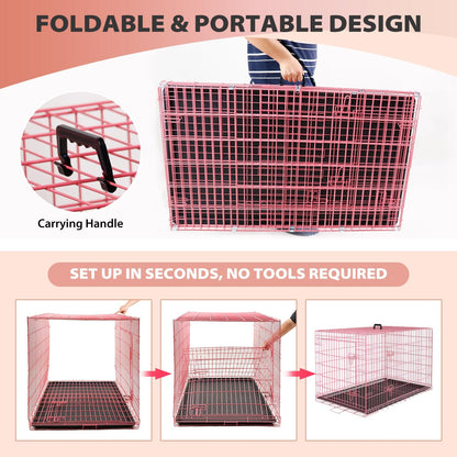 BestPet | Dog Crate | 24" | Pink | Foldable Metal Kennel with Double Doors, Secure Slide-Bolt