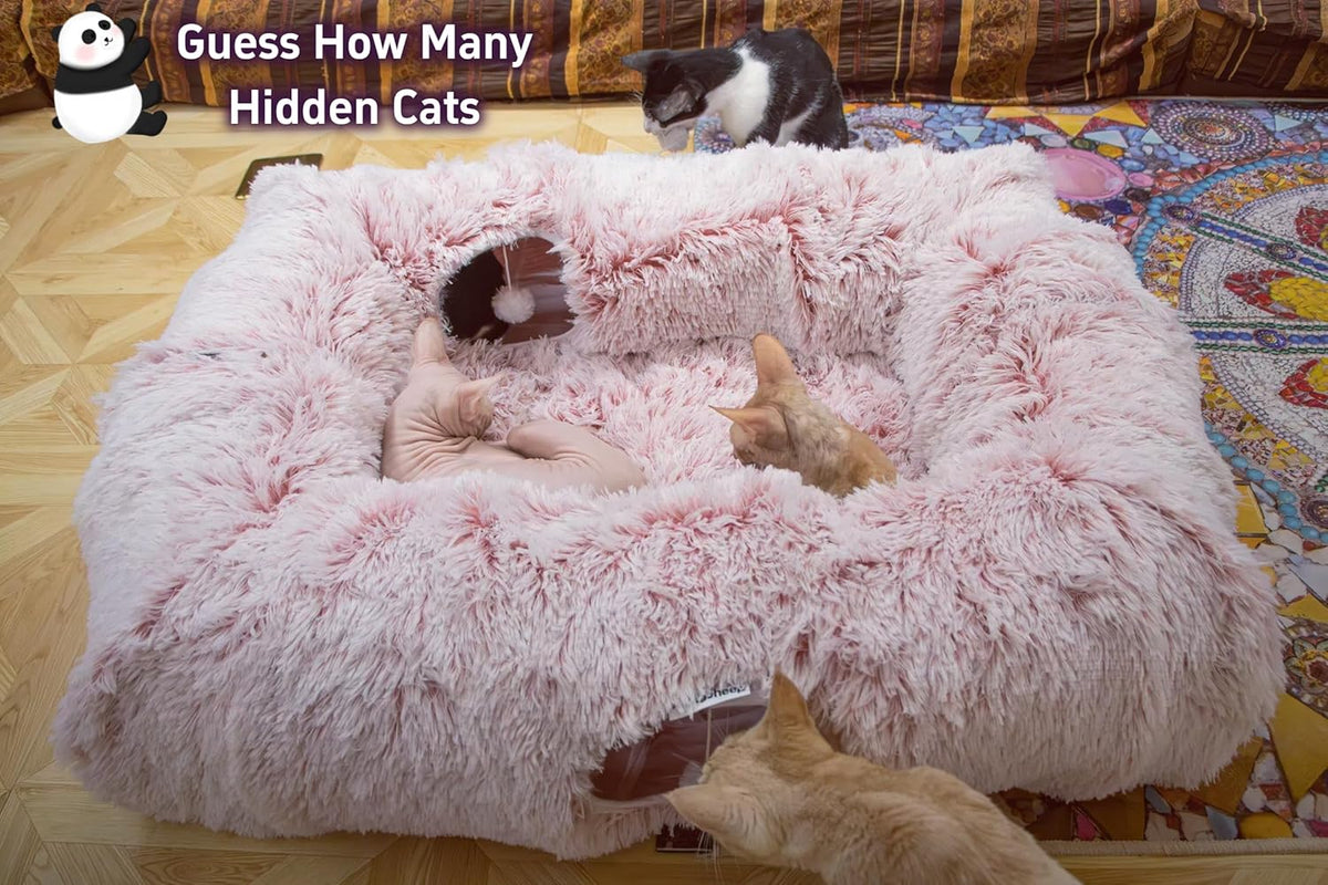 XxingSheep 4 Cave Shuttled XL Cat Tunnel Bed for Indoor Cats Peekaboo Toy Donut with Warm Mat