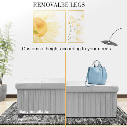 Storage Ottoman Bench, 43 Inch Foldable Ottoman with Legs, Velvet Foot Rest Stool, End of Bed