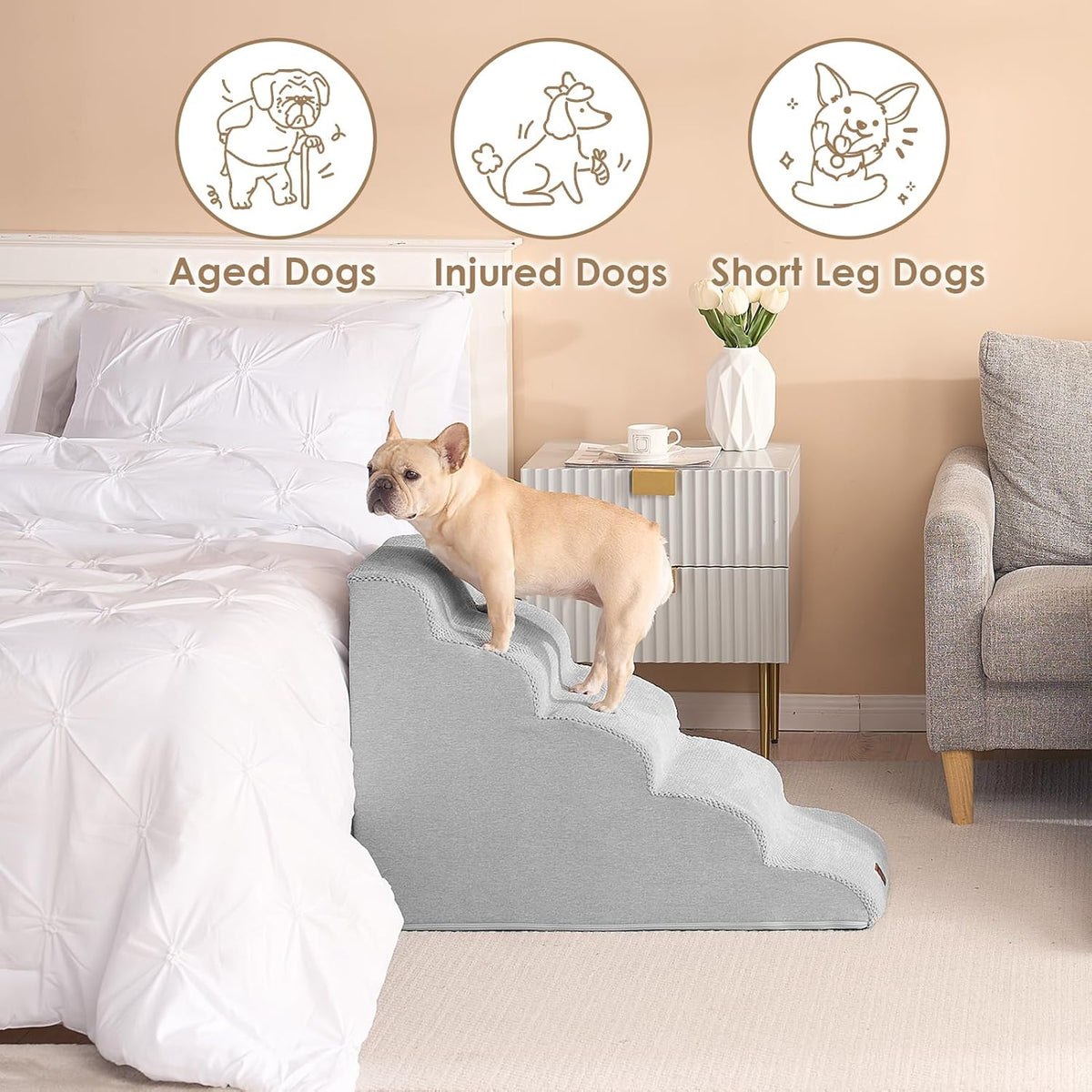EHEYCIGA Curved Dog Stairs Ramp for High Beds 22.6" H, 5-Step Dog Steps for Small Dogs and Cats