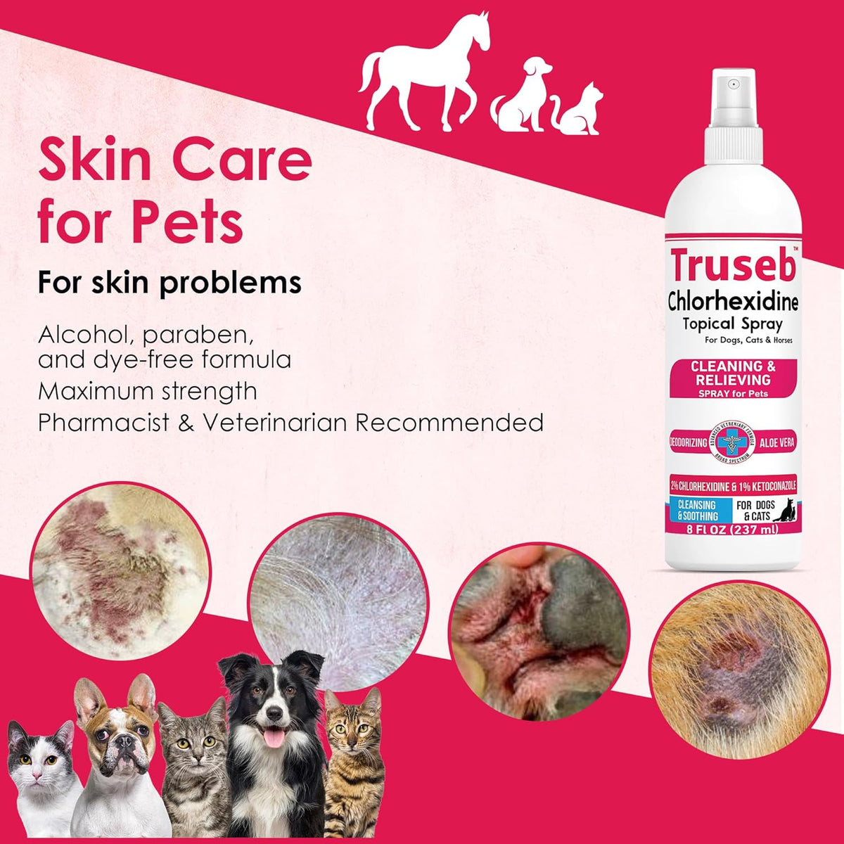 Truseb Topical Ketoconazole and Chlorhexidine Spray for Dogs, Cats, and Horses with Aloe - 8 oz
