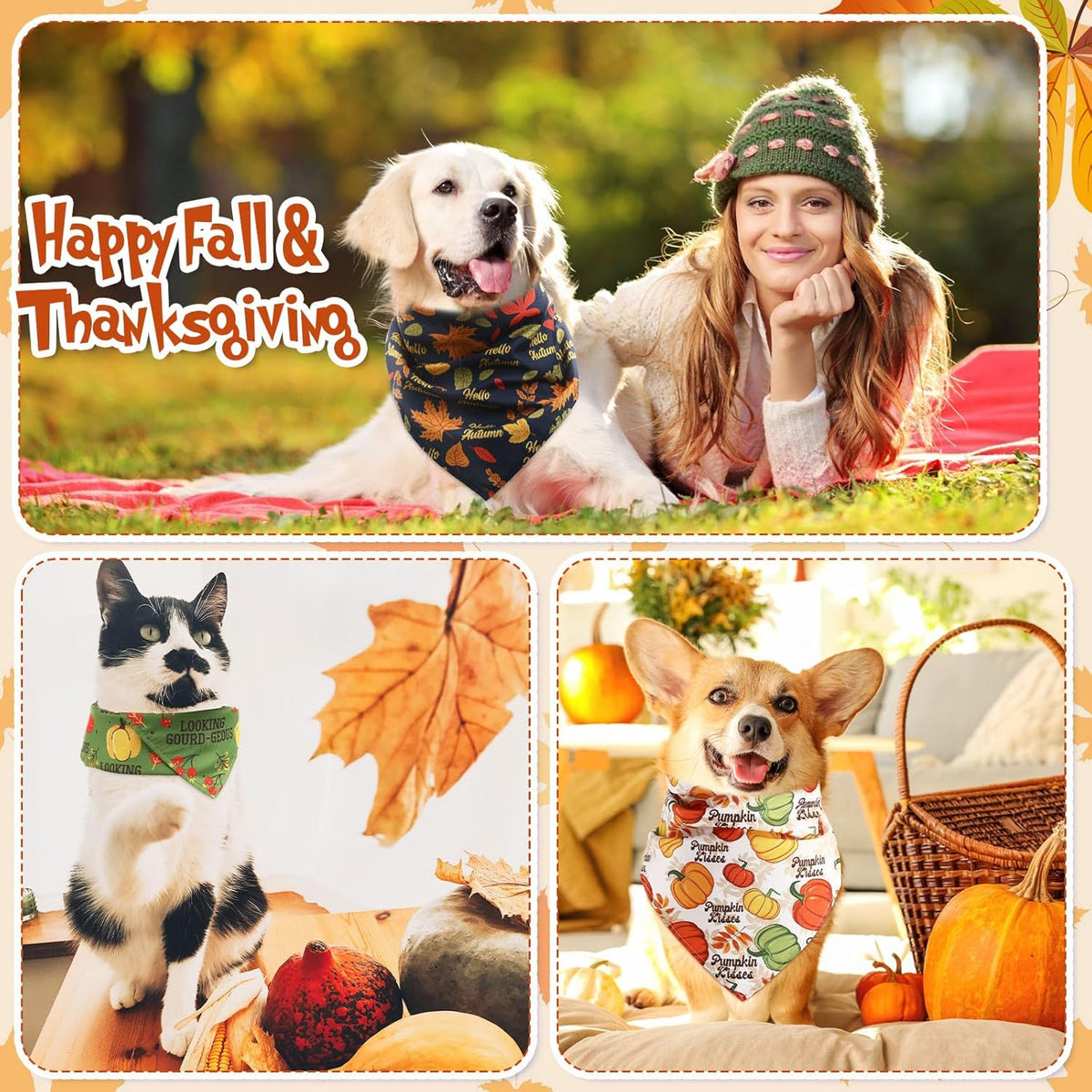 Abbylike 50 Pcs Fall Dog Bandanas Bulk Pet Scarfs Triangle Bibs Adjustable Washable Puppy Kerchief