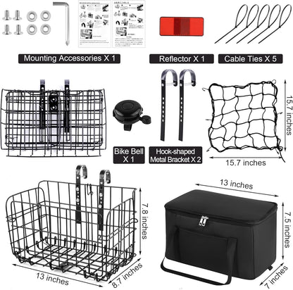 Aodaer Bike Basket with Removable Liner Bag Cargo Net Large Folding Bike Basket Quick Release Metal
