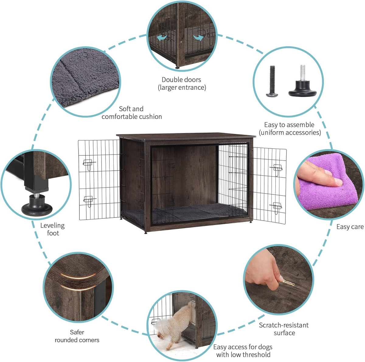 DWANTON Dog Crate Furniture with Cushion, Wooden Kennel Table with Double Doors, Indoor Dog House