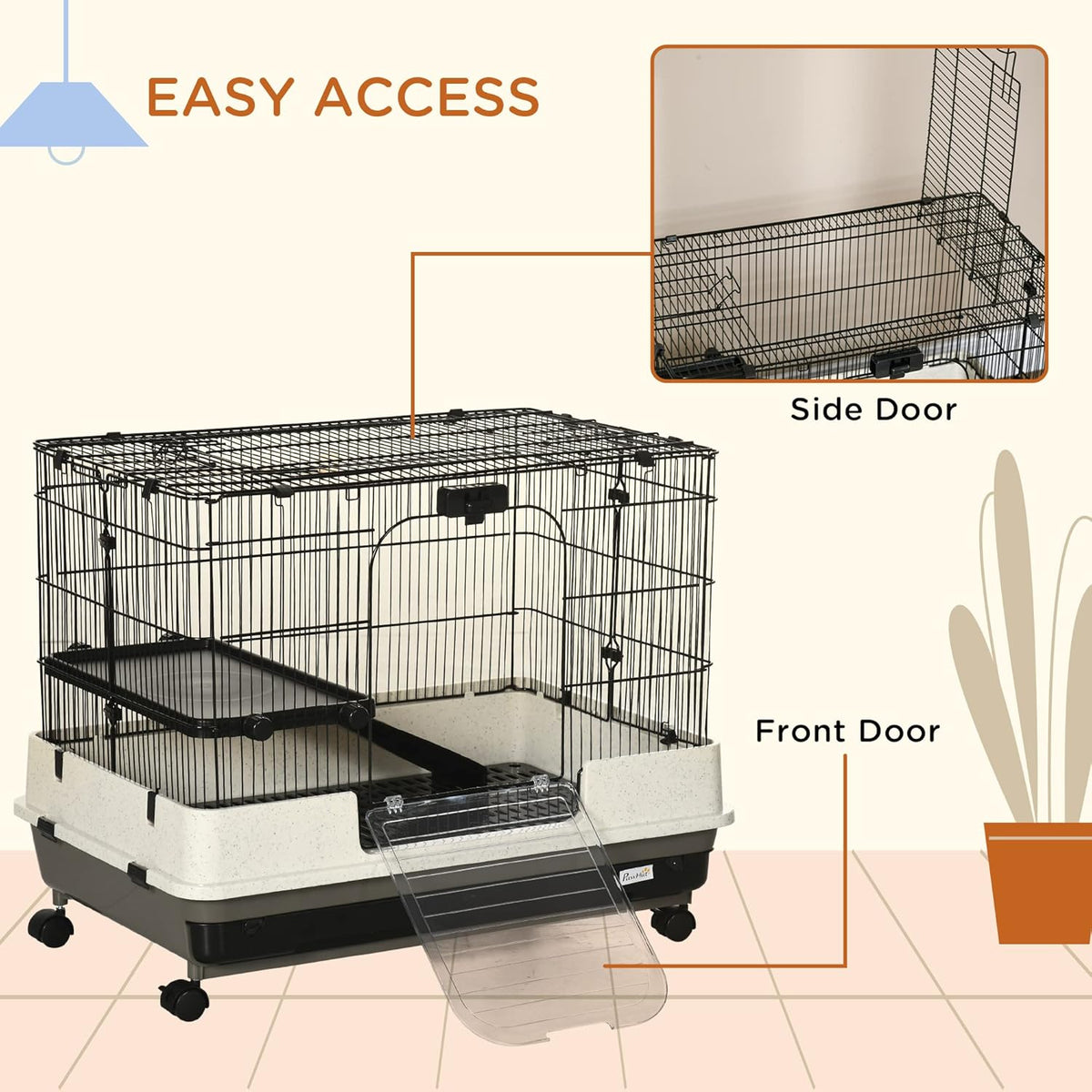 PawHut 26" Small Animal Cage with Wheels, 2-Level Portable Bunny Cage, Chinchilla Ferret Cage with