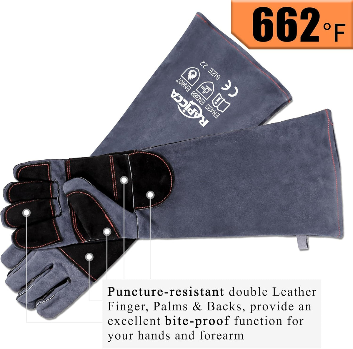 RAPICCA Animal Handling Gloves Bite Proof Reinforced Leather Padding Dog,Cat Scratch,Bird Handling