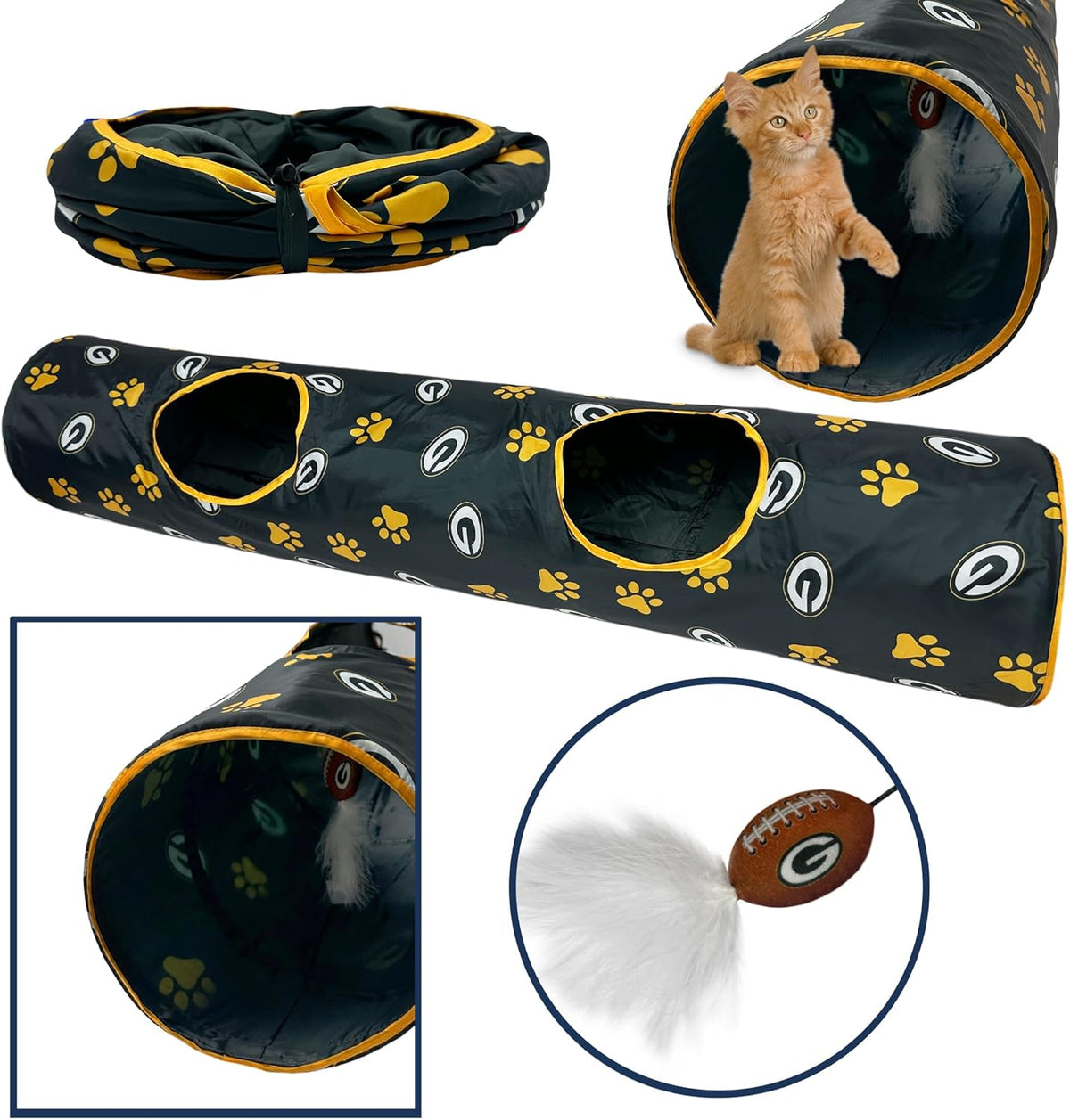 NFL Green Bay Packers Cat Tunnel Tube Toy with Plush Football Catnip and Feathers Collapsible