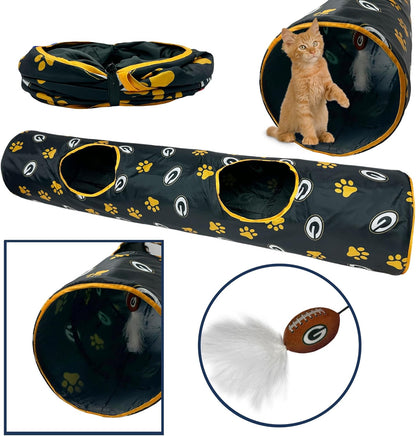 NFL Green Bay Packers Cat Tunnel Tube Toy with Plush Football Catnip and Feathers Collapsible