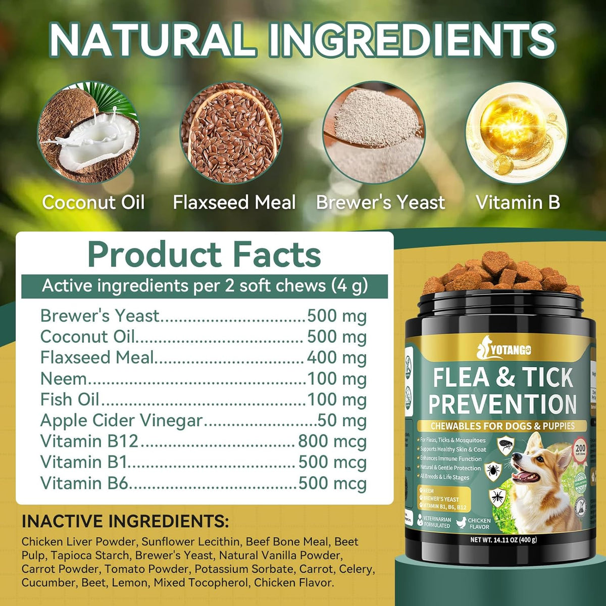 YOTANGO Flea and Tick Prevention for Dogs Chewable, 200 Soft Treats Natural Dog Flea and Tick