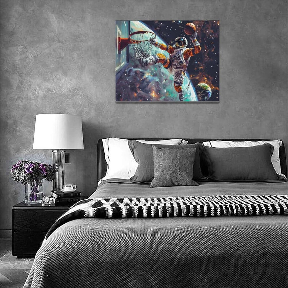 Quorin Astronaut Wall Art Funny Spaceman Basketball Pictures Space Galaxy Planet Wall Decor Canvas