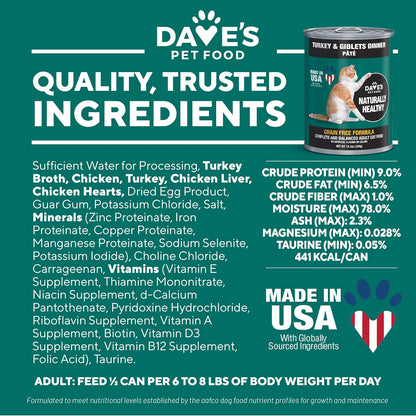 Dave's Pet Food Grain Free Canned Cat Food (Turkey & Giblets Pate), Made in USA Naturally Healthy