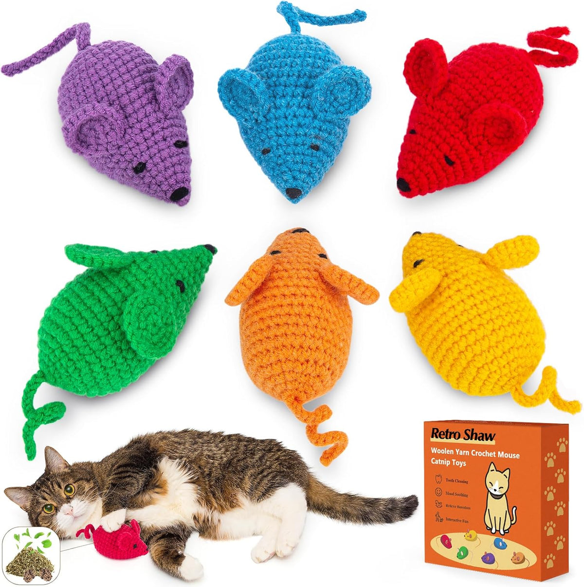 Retro Shaw Catnip Toys Crochet Mouse, 6 Pcs Yarn Cat Nip Mice Safe Teeth Cleaning Chew Toy for