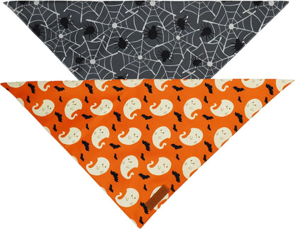 Realeaf Halloween Dog Bandanas 2 Pack, Reversible Orange Gray Pet Scarf for Boy and Girl, Premium