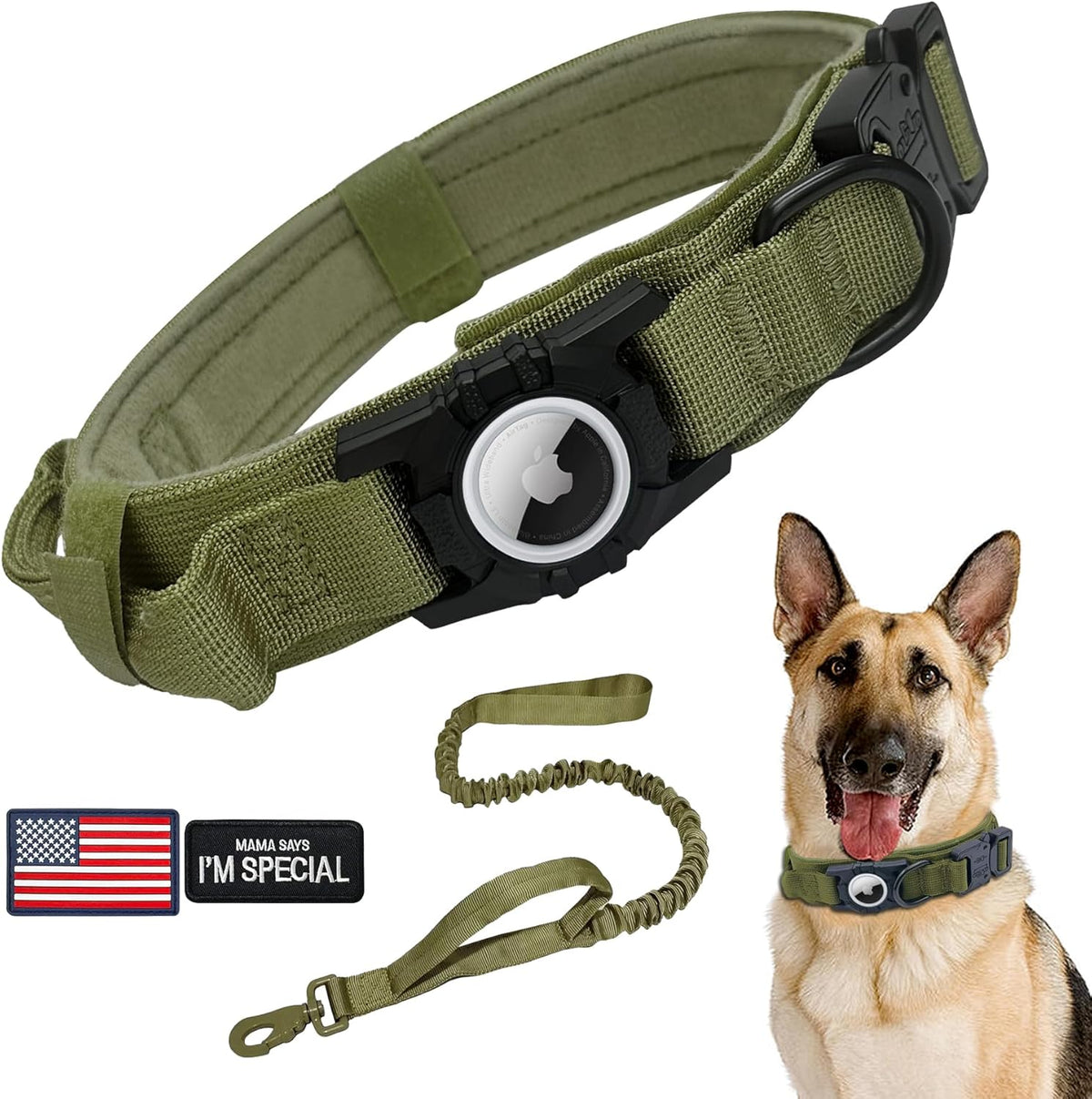 Tactical AirTag Dog Collar Leash Set - Heavy Duty, Adjustable GPS Collar Compatible with Apple