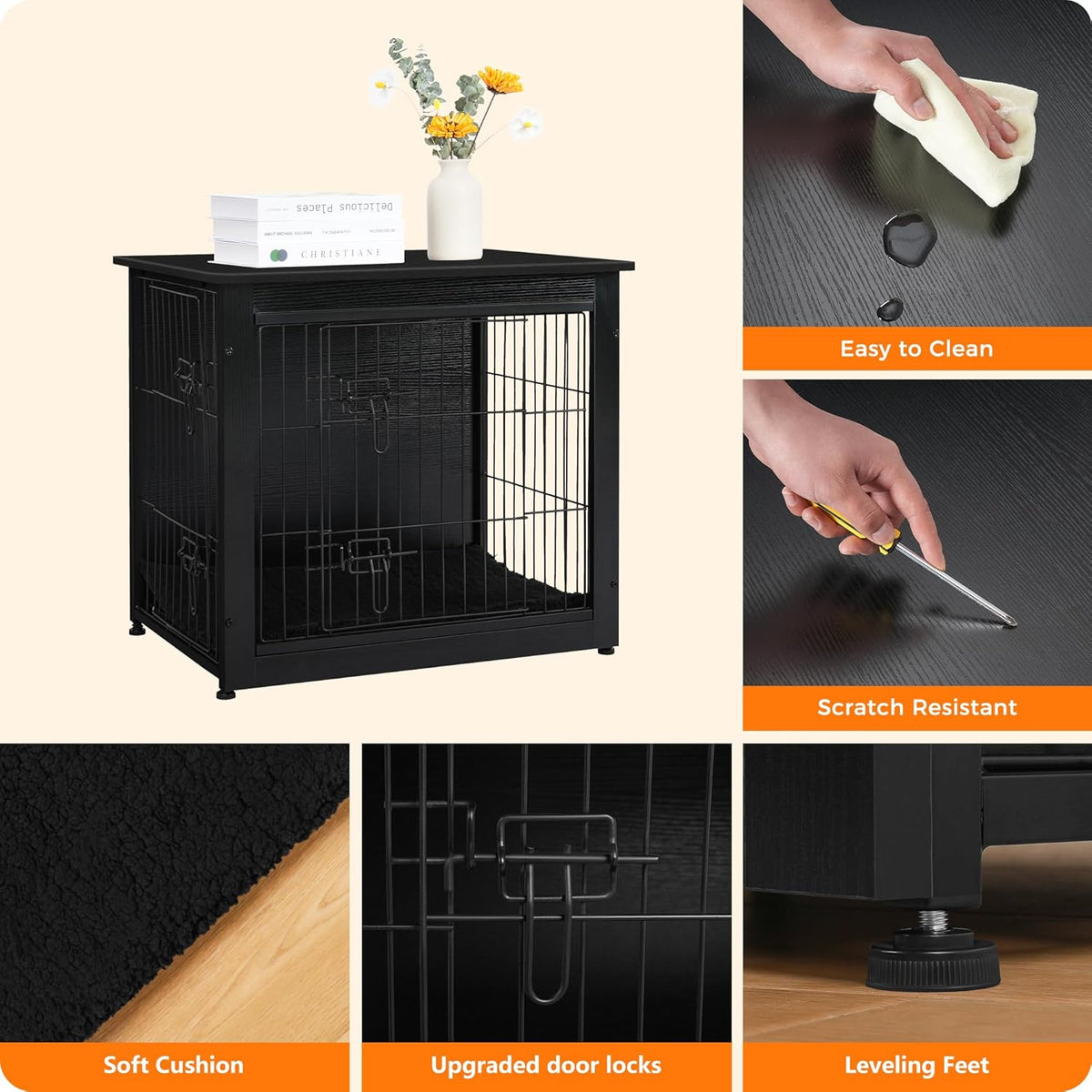 DWANTON Dog Crate Furniture with Cushion, Wooden Kennel Table with Double Doors, Indoor Dog House